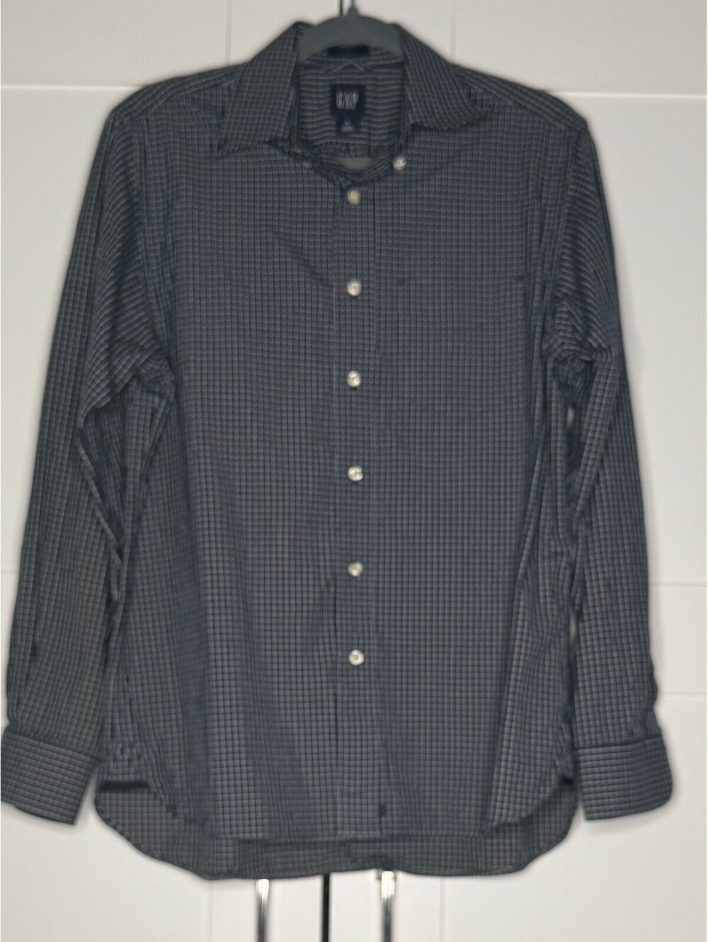 GAP Men's Small Navy Blue Micro Check Long Sleeve Shirt